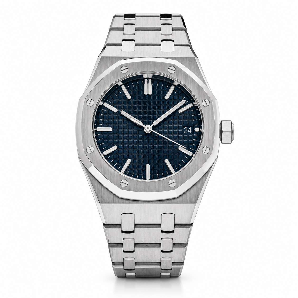 The Royal — front view of steel watch with midnight blue tapisserie dial