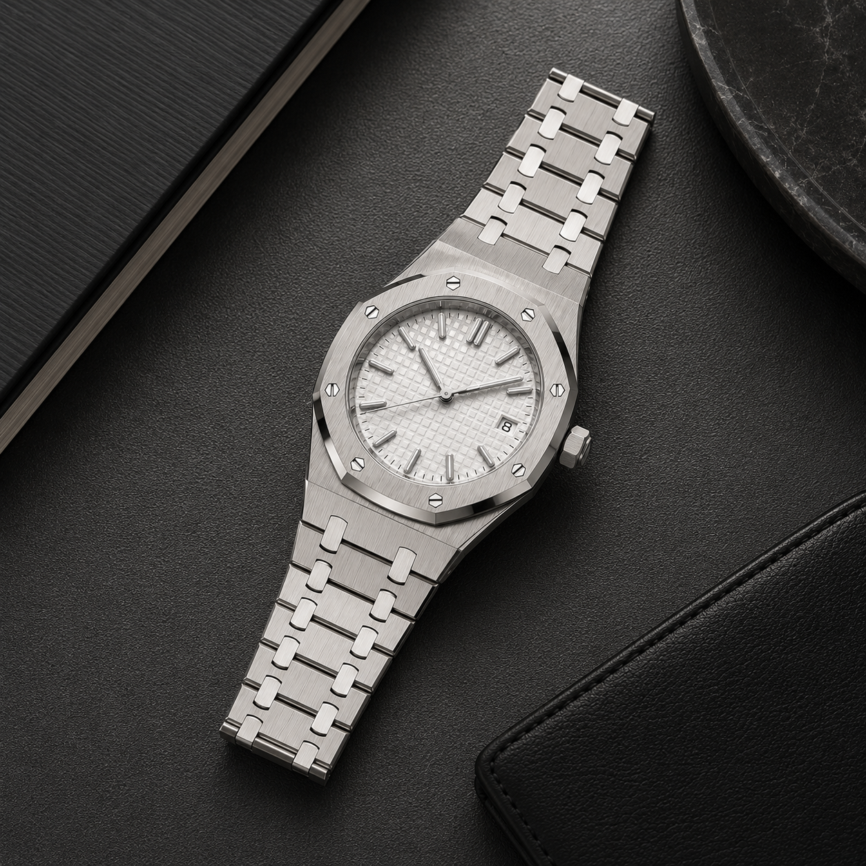 The Lumen photographed flat on dark leather