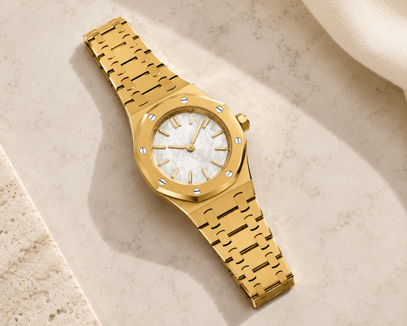 The Aurelia photographed flat on warm travertine