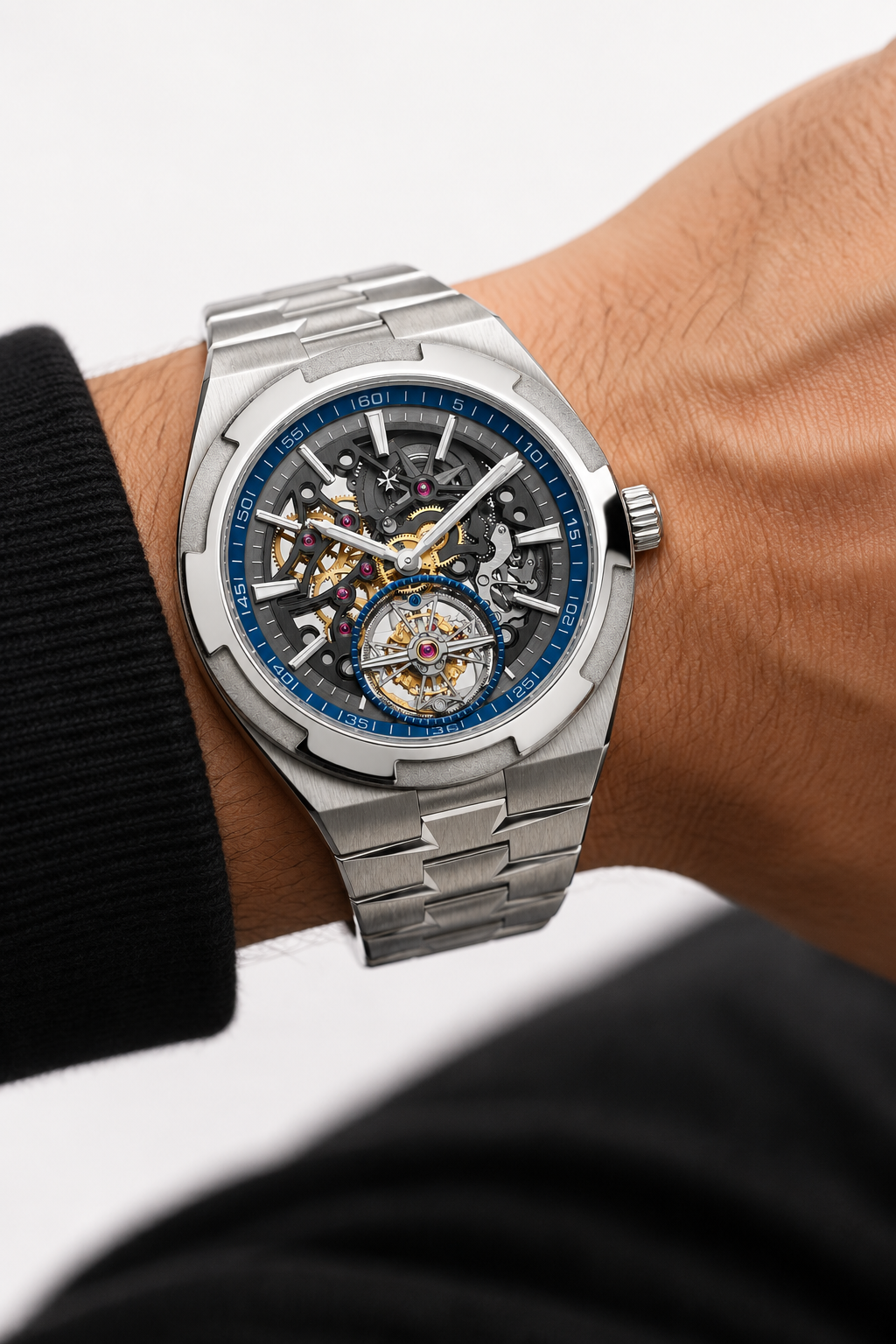 Skeleton tourbillon watch worn casually